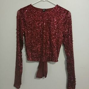 Windsor BurgundySequin Long-Sleeve Crop Top Tie In The Back Plus Opening